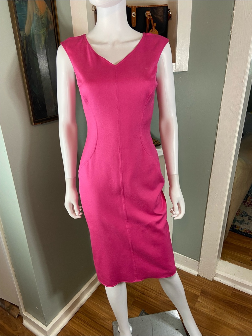 Michael Kors Collection Silk Blend Pink V-Neck Sheath Midi Dress Size 2 [TE]